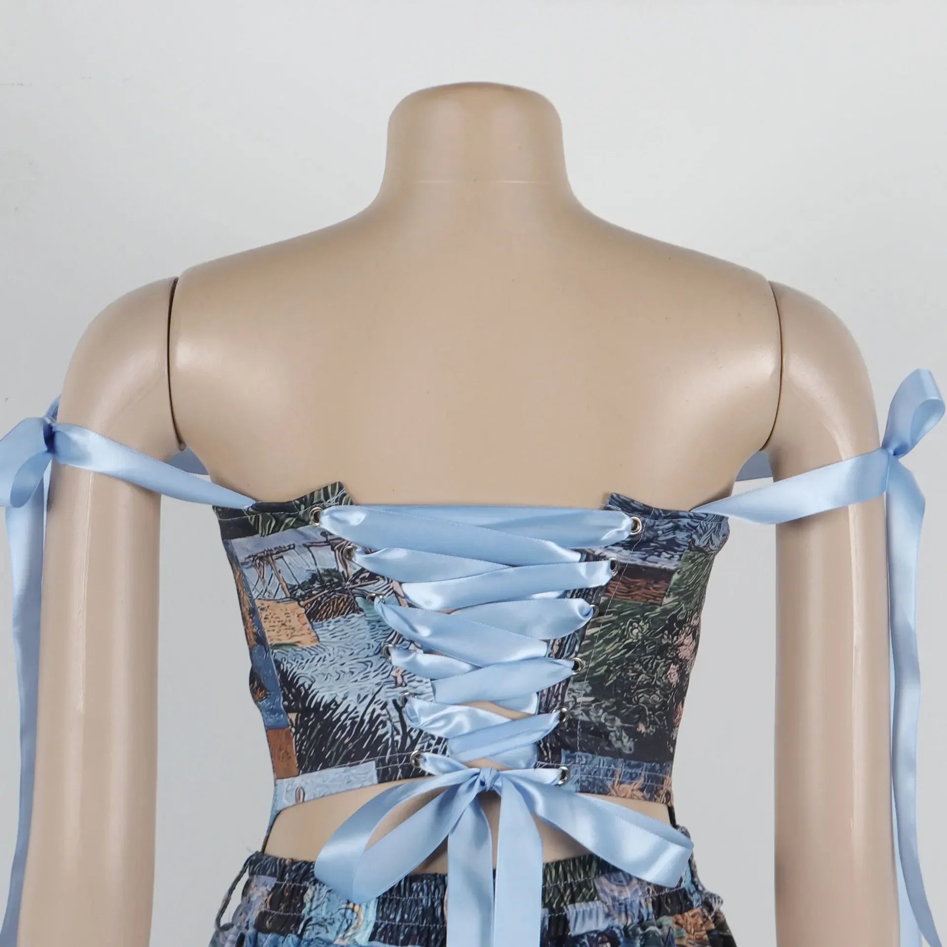 CM.YAYA Oil Painting Printed Women's Set Lace Up Back Crop Top and Pants Suit 2024 Fall Winter Two 2 Piece Sets Outfit Tracksuit