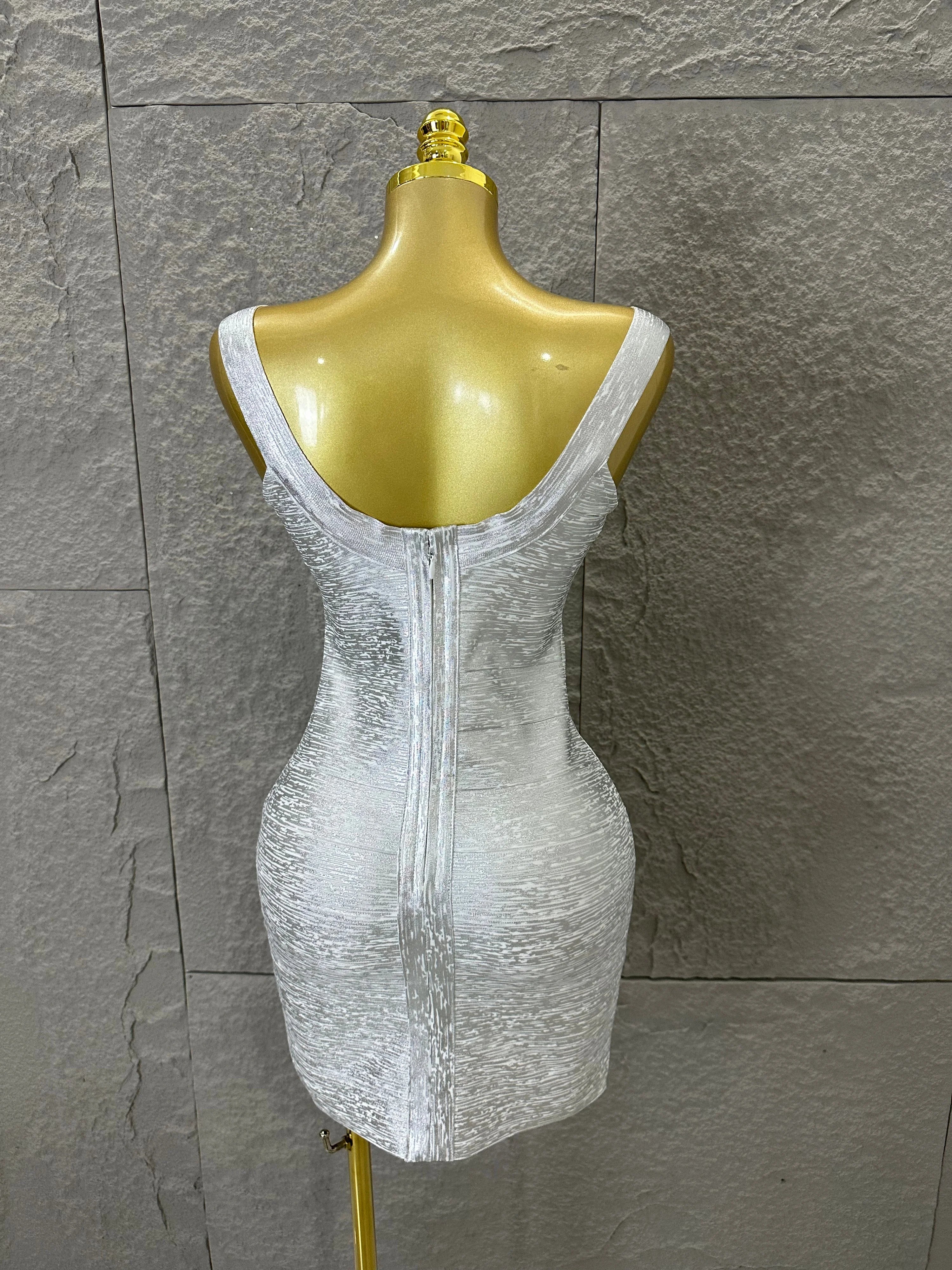 Women Sexy Elegant 2026 Silver Gold Metallic Bandage Mini Dress Women Sleeveless Bodycon Formal Event Cocktail Party Costume