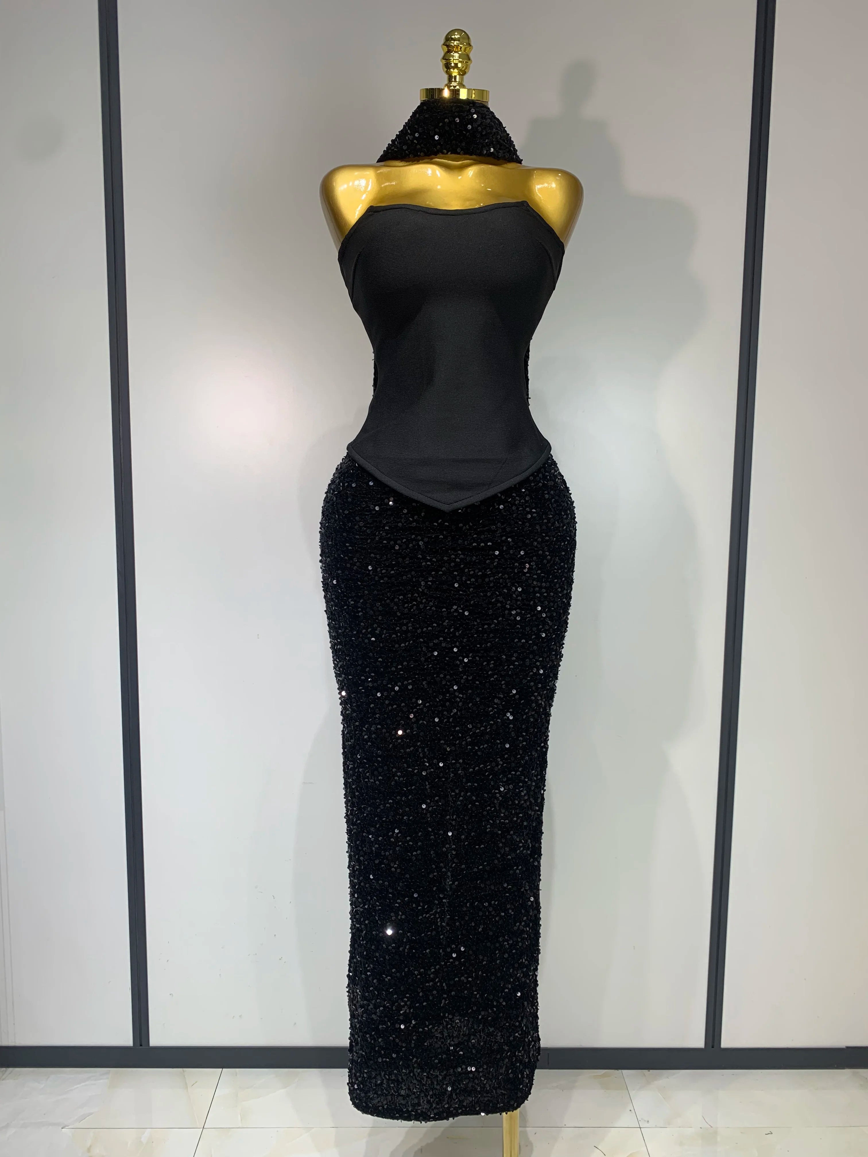 Women Sexy Strapless Sequin Black Maxi Long Bandage Three Piece Set 2025 Knitted Elegant Evening Club Party Birthday Prom Gowns black