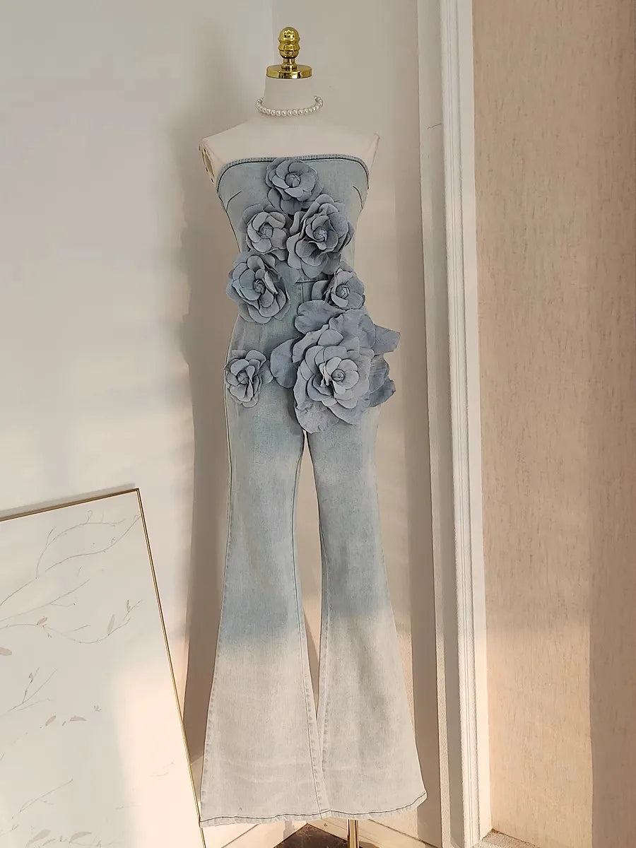 3D Appliques Flower Strapless Demin Jumpsuits For Women Off Shoulder Sleevelss Solid Color High Waist Full Length Overalls New