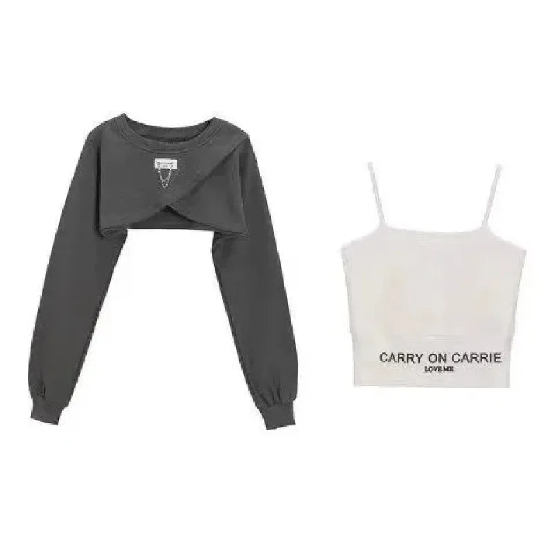 女性のカジュアル服韓国ファッションショートスウェットシャツベストワイドレッグパンツ 3 点セット 2023 春秋スポーツ衣装女性