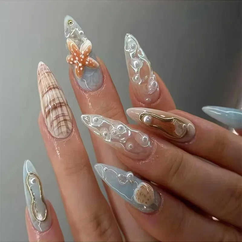 24pcs Blue Ocean Fake Nails Beach Shells Pearl Diamond Design False Nail Tips Korean Sweet Girls Wearable Almond Press on Nails 1
