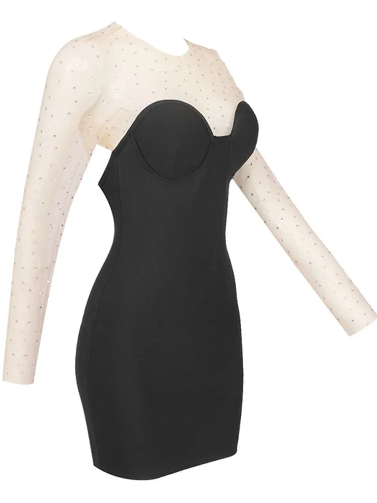 Women Celebrity Sexy Long Sleeve Diamonds Black Mesh Mini Bodycon Bandage Dress 2024 Elegant Evening Club Party Dress