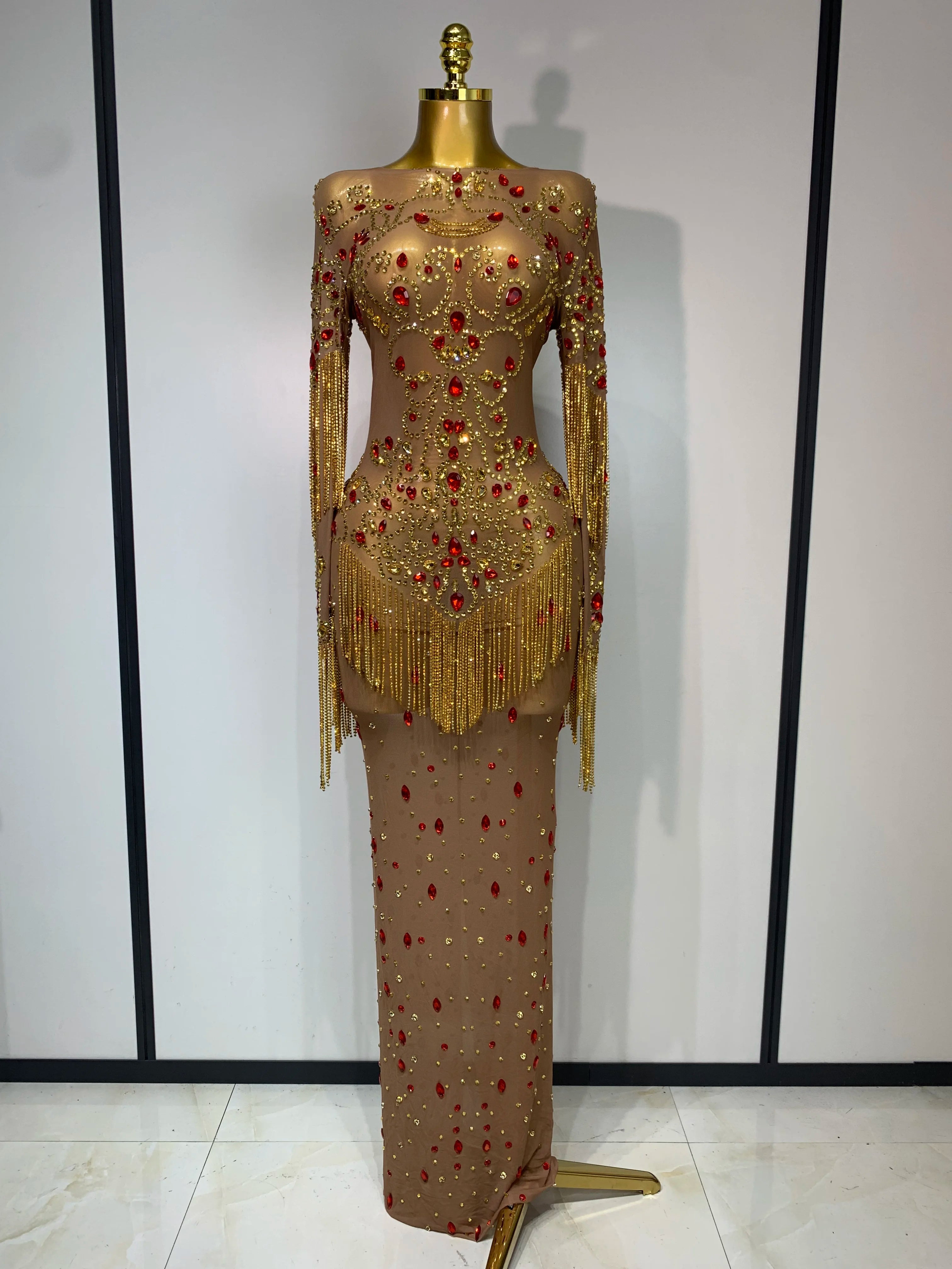 See Through Elastic Mesh Sparkly Rhinestone Stage Performan Costume Luxury Birthday Evening Party Wedding Dress Dark Brown