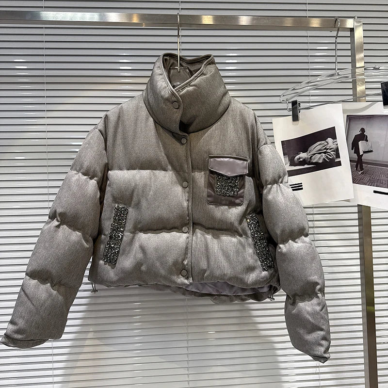 Winter New Fashion Heavy Industry Rhinestone Beaded Stand Collar Warm Jacket For Women Cotton-padded Coat 11A07467 Gray One Size