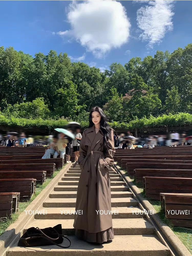 Lautaro Spring Autumn Long Flowy Coffee Trench Coat for Women Belt Double Breasted Loose Casual Overcoat Korean Clothes 2025 Brown