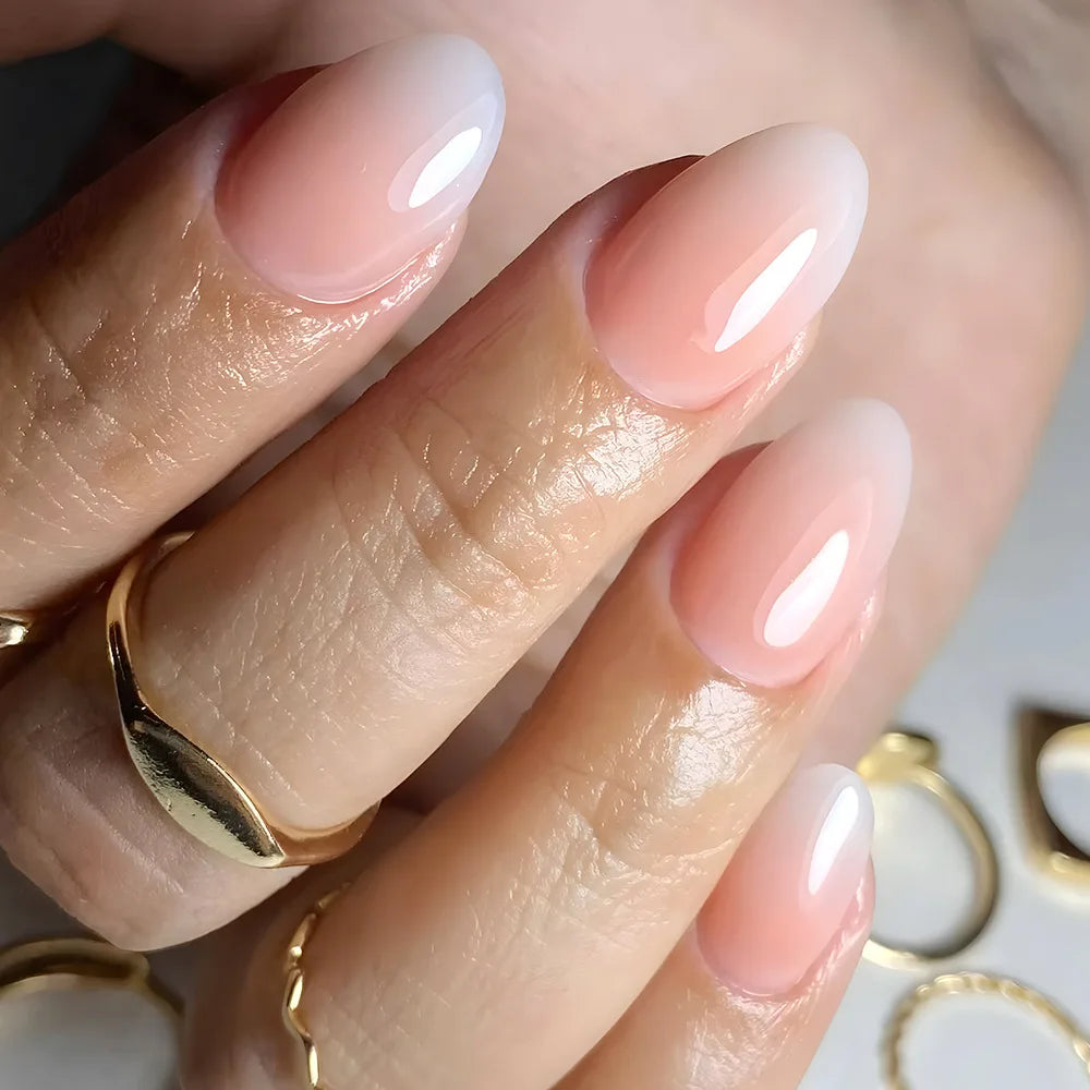 24pcs Nude Pink Glossy Fake Nails with Diamond Nail Tips Art Gradient Glitter Short Almond Oval Fashion Simple Acrylic Nails Set 3