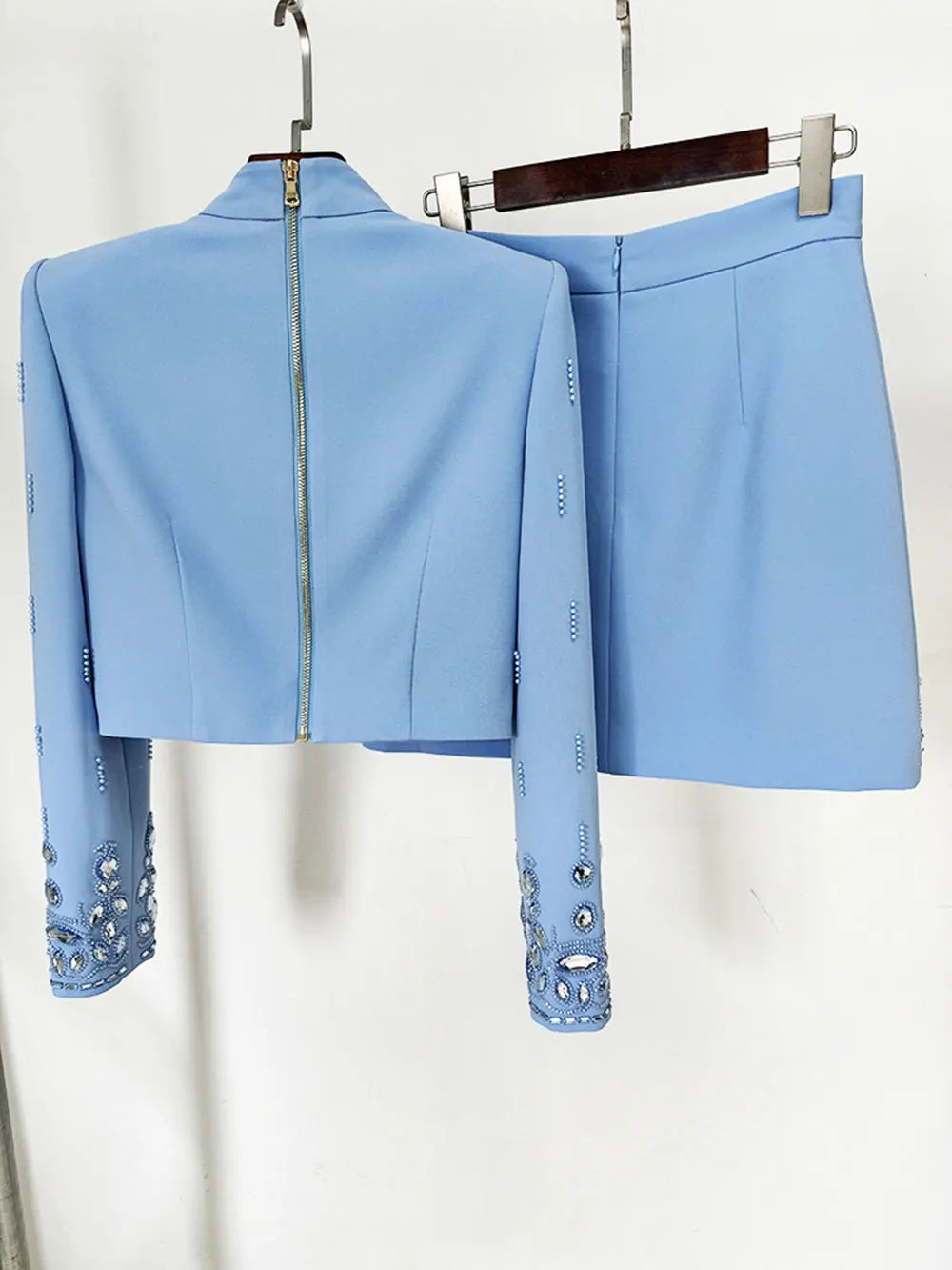 2025 Autumn Elegant Women's Nail Pearl Water Diamond Blue Skirt Sets O-neck Long Sleeve Hoodie Top+Mini Skirt Two Piece Set