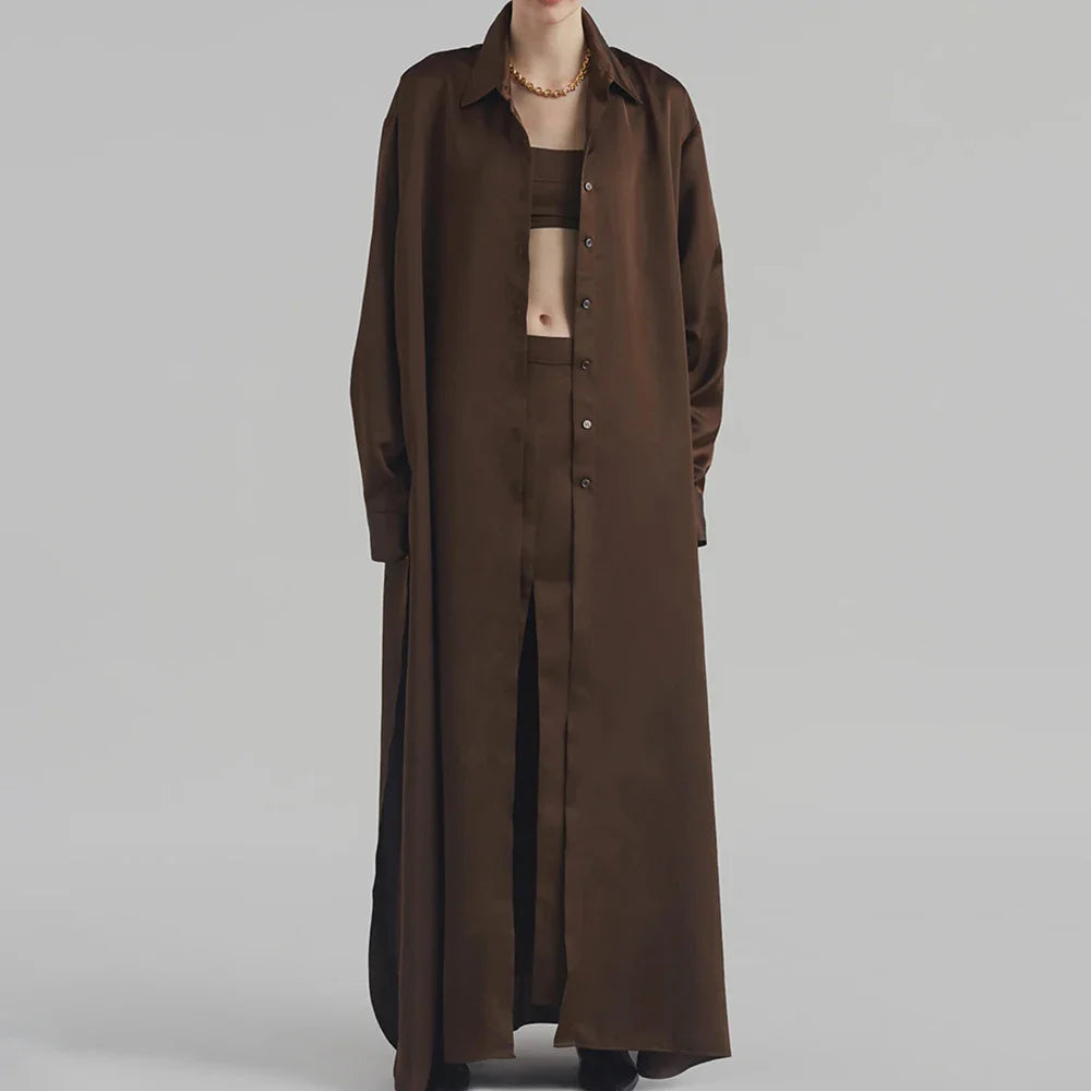 Solid Minimalist Split Dresses For Women Lapel Long Sleeve High Waist Patchwork Single Breasted Loose Dress Female COFFEE One Size