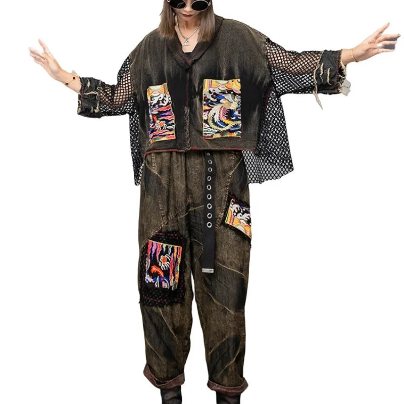 Spring Summer New Embroidered Patchwork Mesh Denim Short Sleeved T-shirt + Harem Pants Two-piece Set Women LX253