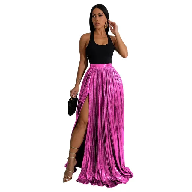 Women Spring Autumn Elegant Chic Solid Color Pleated Skirt High Waist Long Slit Dress Luxury Fashion With Elastic Female Rose Red