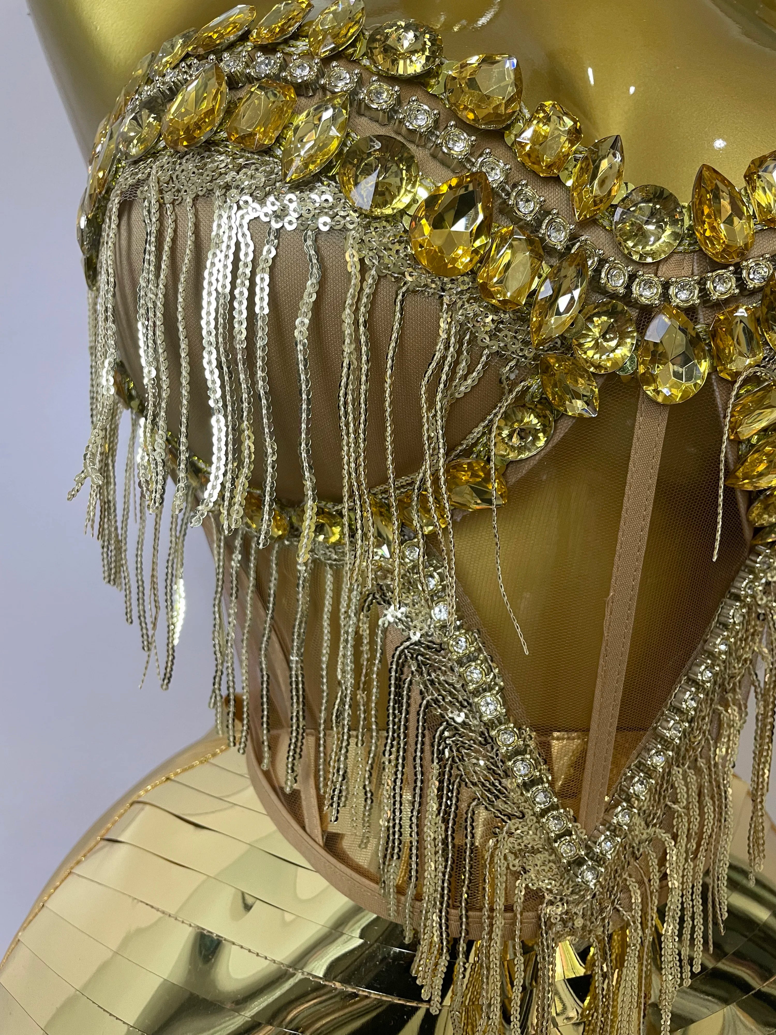 Sparkly Gold Rhinstones tassels Top Skirt Two-piec Set 2025 Women Sexy Strapless Designer Nightclub Evening Party Stage Outfit