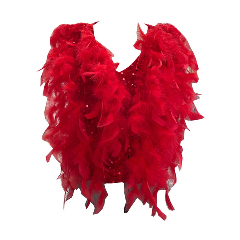 Autumn Winter New Fashion Design Heavy Industry Feather Shiny Sequin Patchwork Velvet Vest Women's Short Top 11A07916