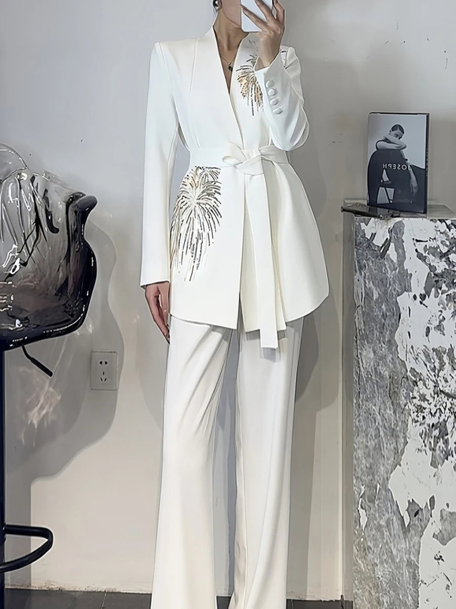 Solid Slimming Two Piece Sets for Women V Neck Long Sleeves Patchwork Sequins Top High Waist Pant Fashionset Female WHITE