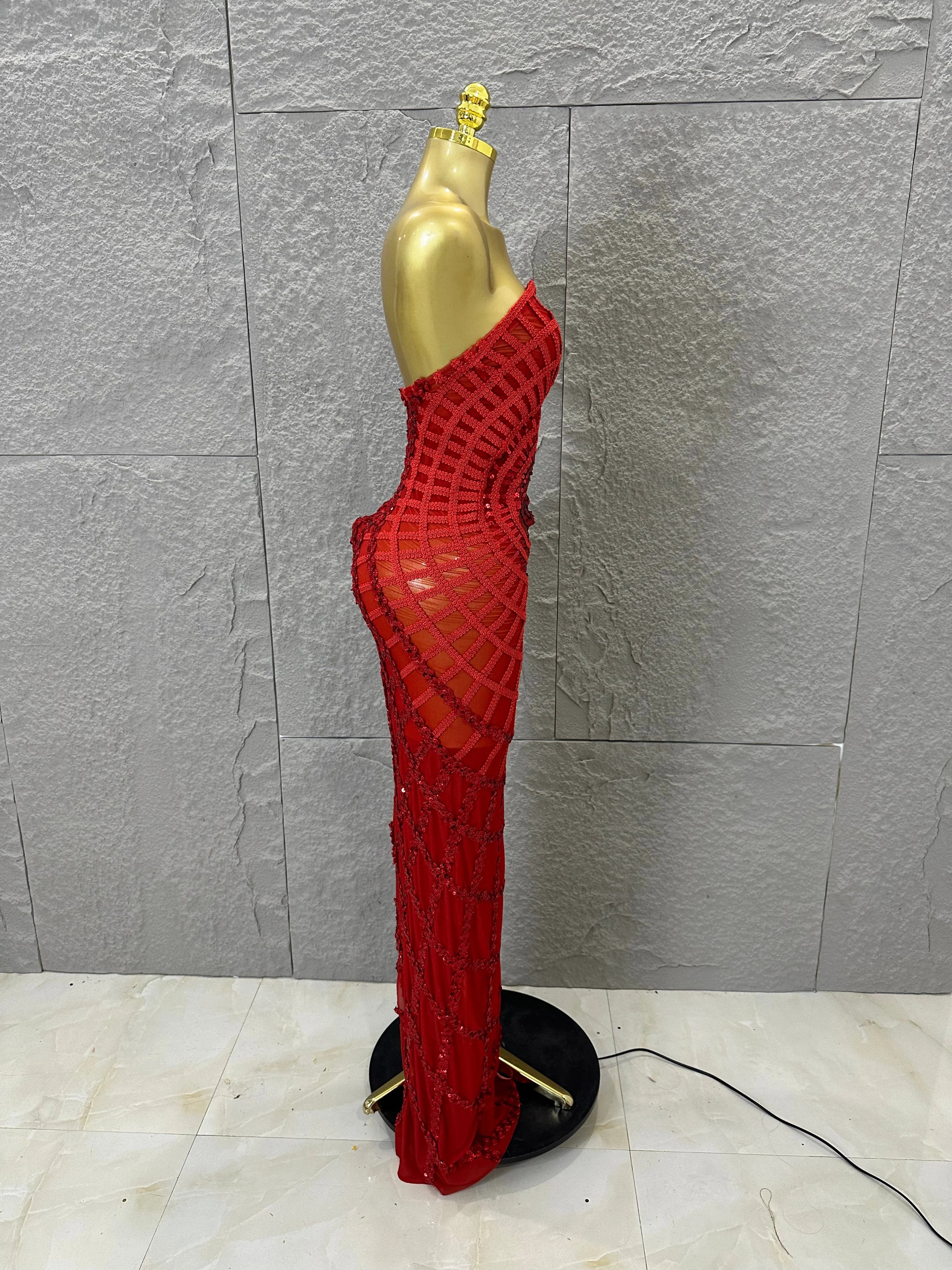 Elegant Sequined Sheer Mesh Maxi Dress Women Sexy Strapless 3D Grid Embellished Bodycon Mermaid Outfit Stage Performance Costume