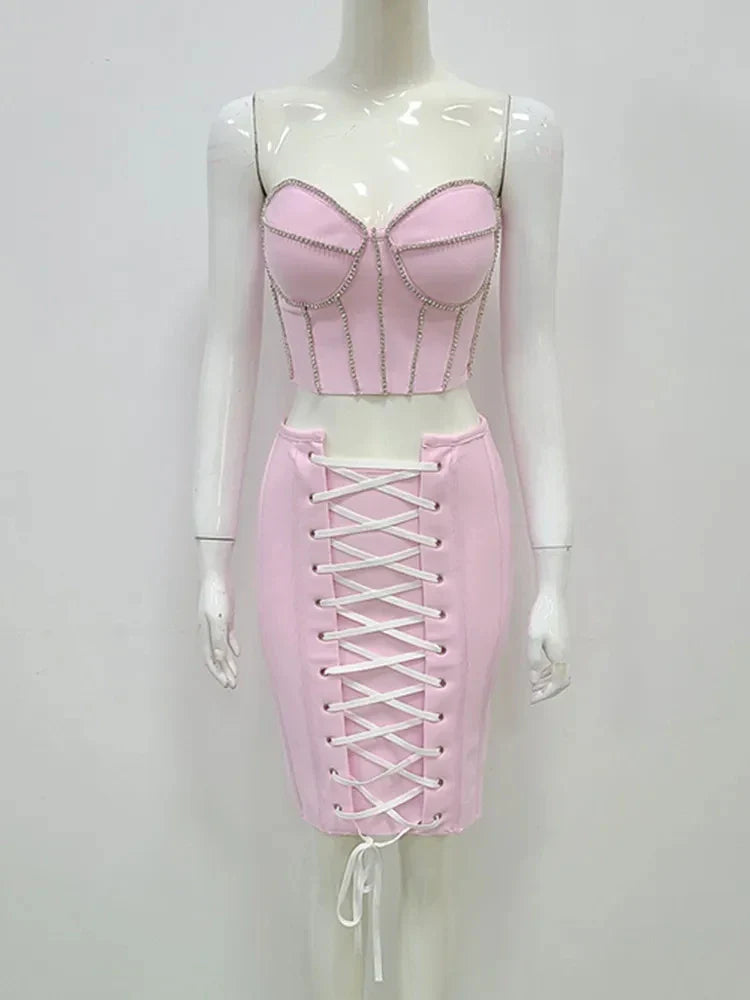 Women Summer Sexy Strapless Lace Diamonds Pink Mini Bandage Skirt Set Knitted Elegant Evening Cocktail Party Dresses