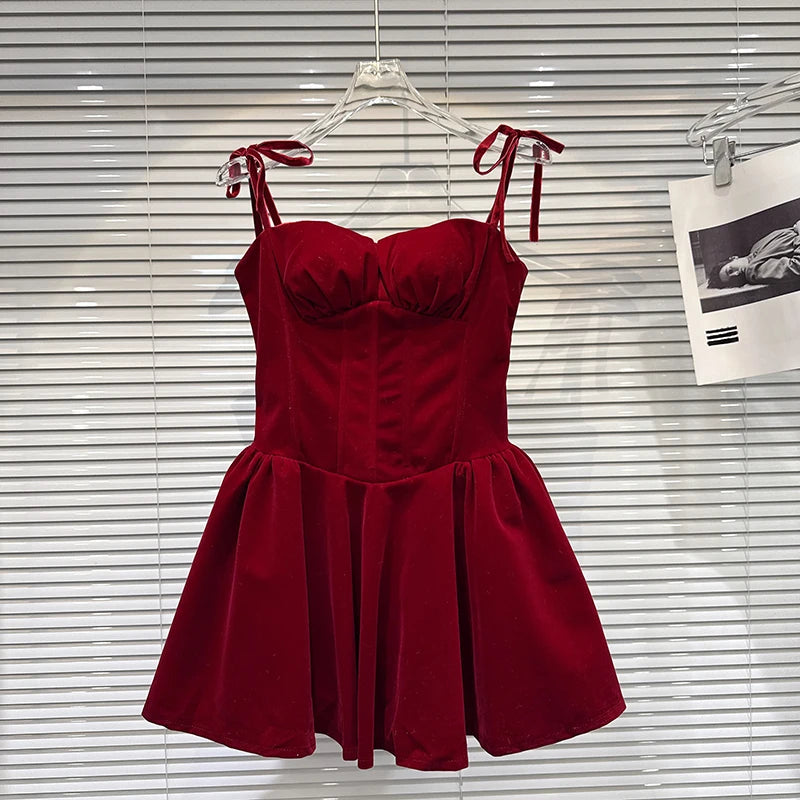 Winter New Elegant Fashion Bow Tie Velvet Waist-Cinching Strap Dress For Women Backless Dresses Female 11A07742 Wine