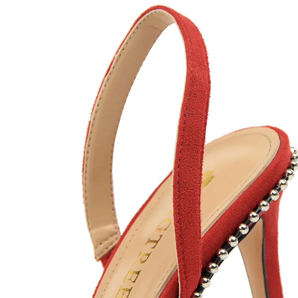 Women 9m High Heels Sandals Lady Suede Slingback Mules Sandles Summer Stripper Nightclub Dress Rivets Replica Hollow Party Shoes