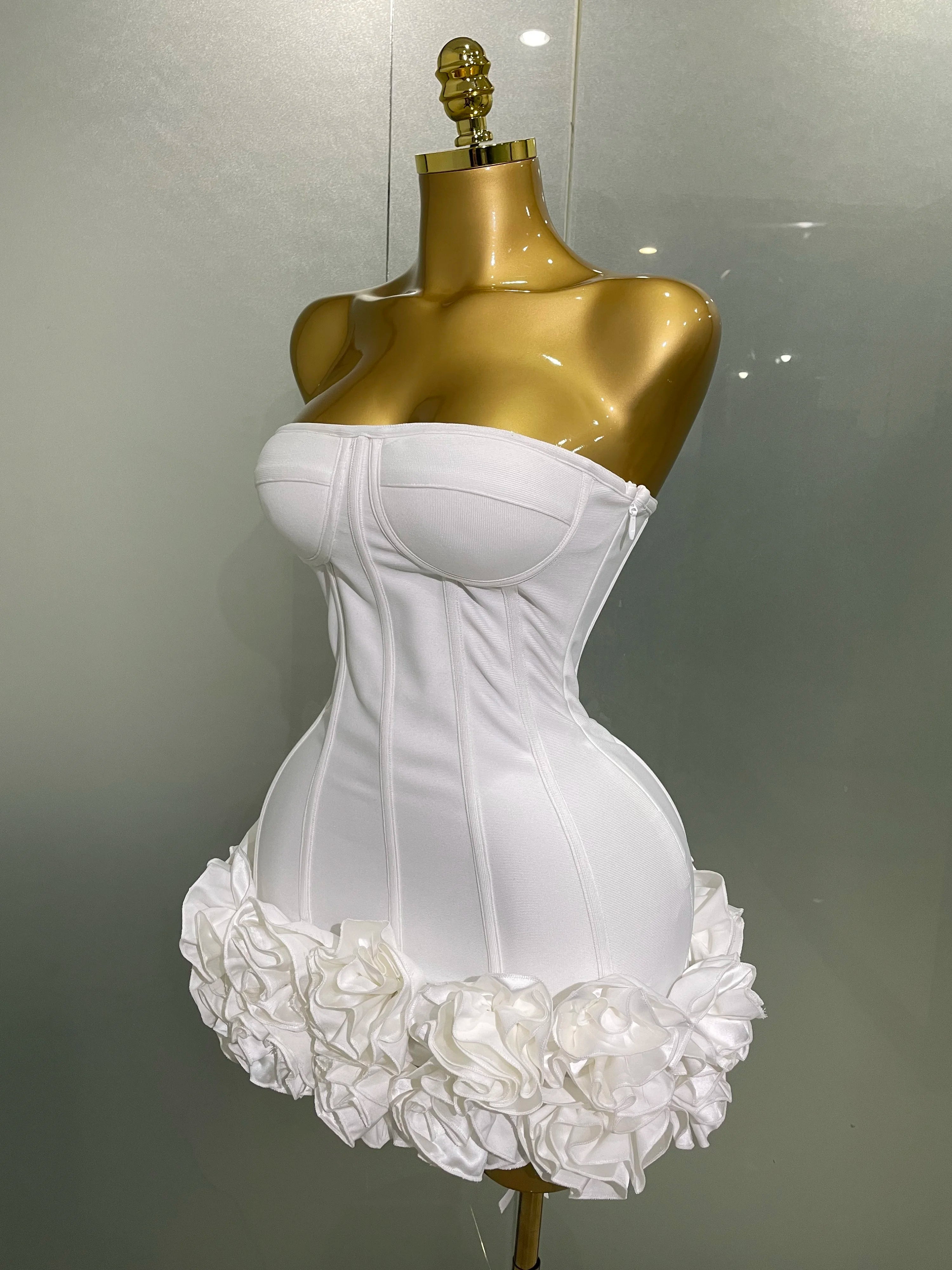 Women Evening Bandage Dress Strapless Bodycon Flowers Mini Celebrity Sexy Birthday Party Dresses Photo Shoot Nightclub Outfit