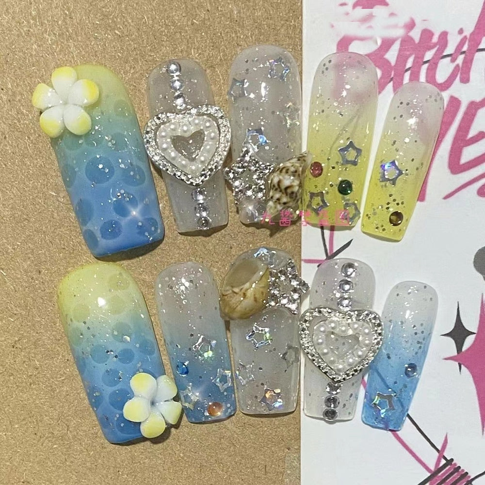 Été plage voyage vacances Hello Kitty conque ongles fille bleu jeunesse travail manuel personnalisable faux ongles fille soeur cadeau