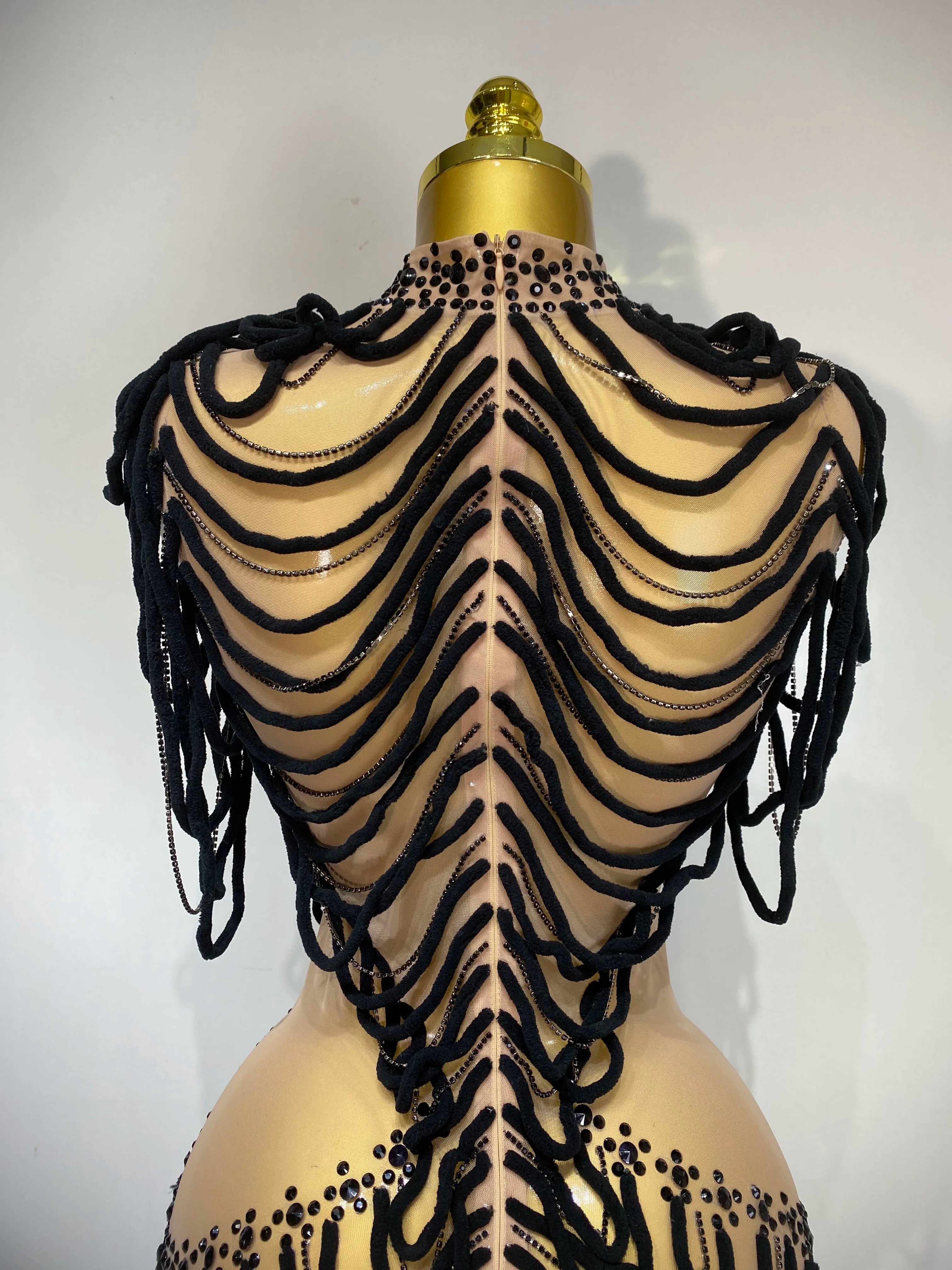 Women Sexy Fashion Short Dress Mesh Designer Rhinestones Chain Stage Costume Nightclub Celebrate Party Performance Outfit