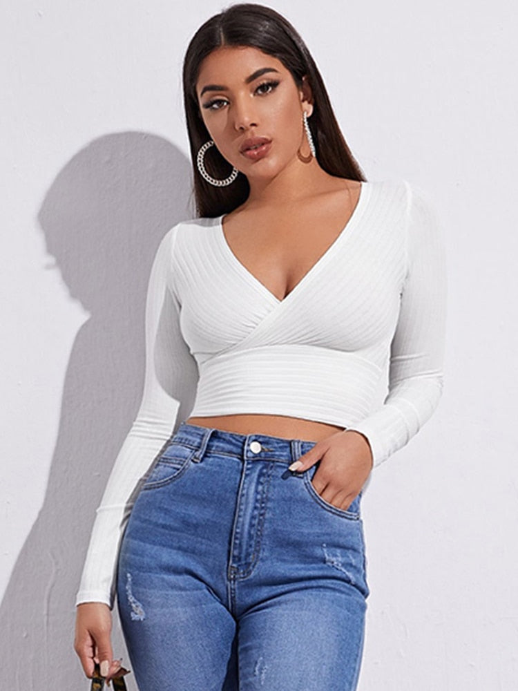 Women Casual Solid Long Sleeve Crop T-shirt Fashion V-Collar Bare Midriff Stretch Tops Ribbed Knitted Elastic Slim Skinny Tees White