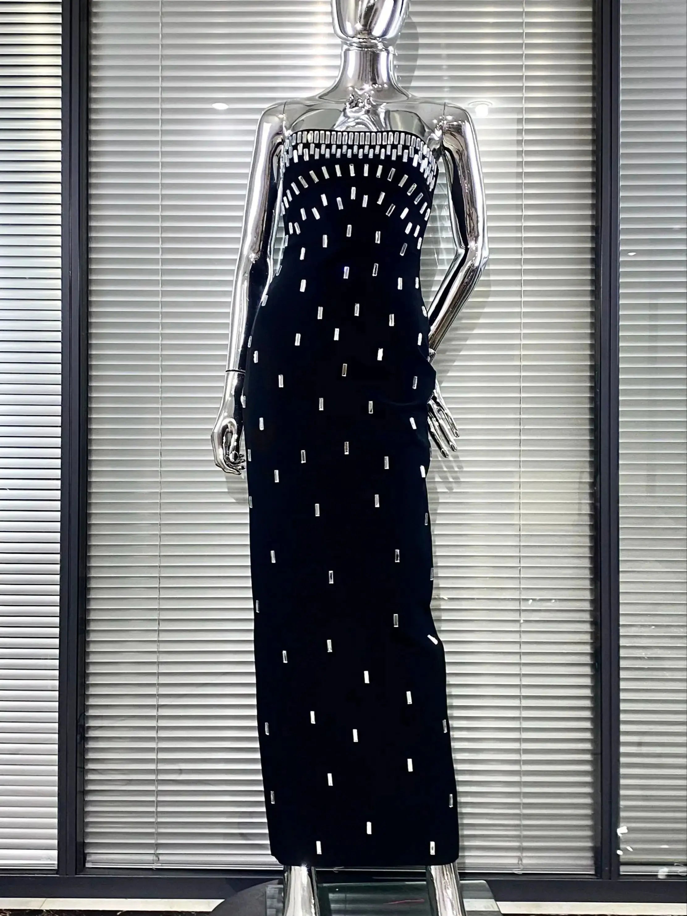 2025 Sparkling Diamonds Fashion Woman Party Dress Strapless Black Bandage Ankle Length Dress Celebrity Birthday Party Outfit black