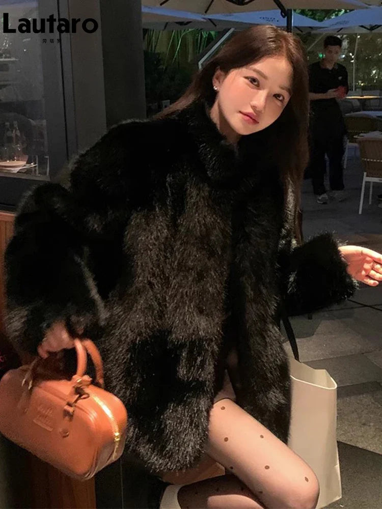 Autumn Winter Black Soft Thick Warm Hairy Shaggy Faux Fox Fur Coat Women Stand Collar Long Sleeve Fluffy Jacket 2023