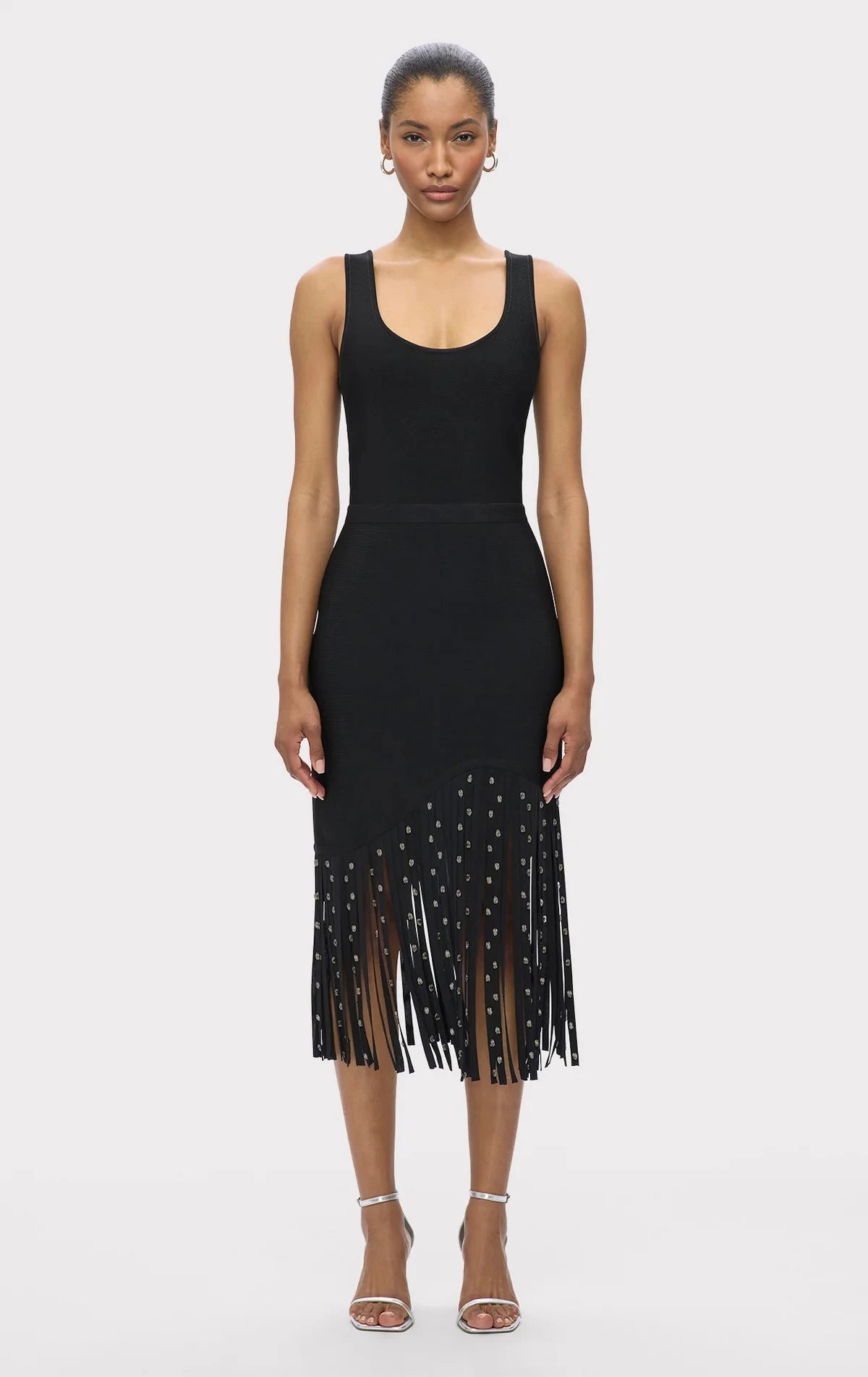 Top Quality Women Sleeveless Sexy O-Neck Shinning Crystal Tassel Bodycon Mid-calf Dress Fashion Celebrate Evening Party Outfit