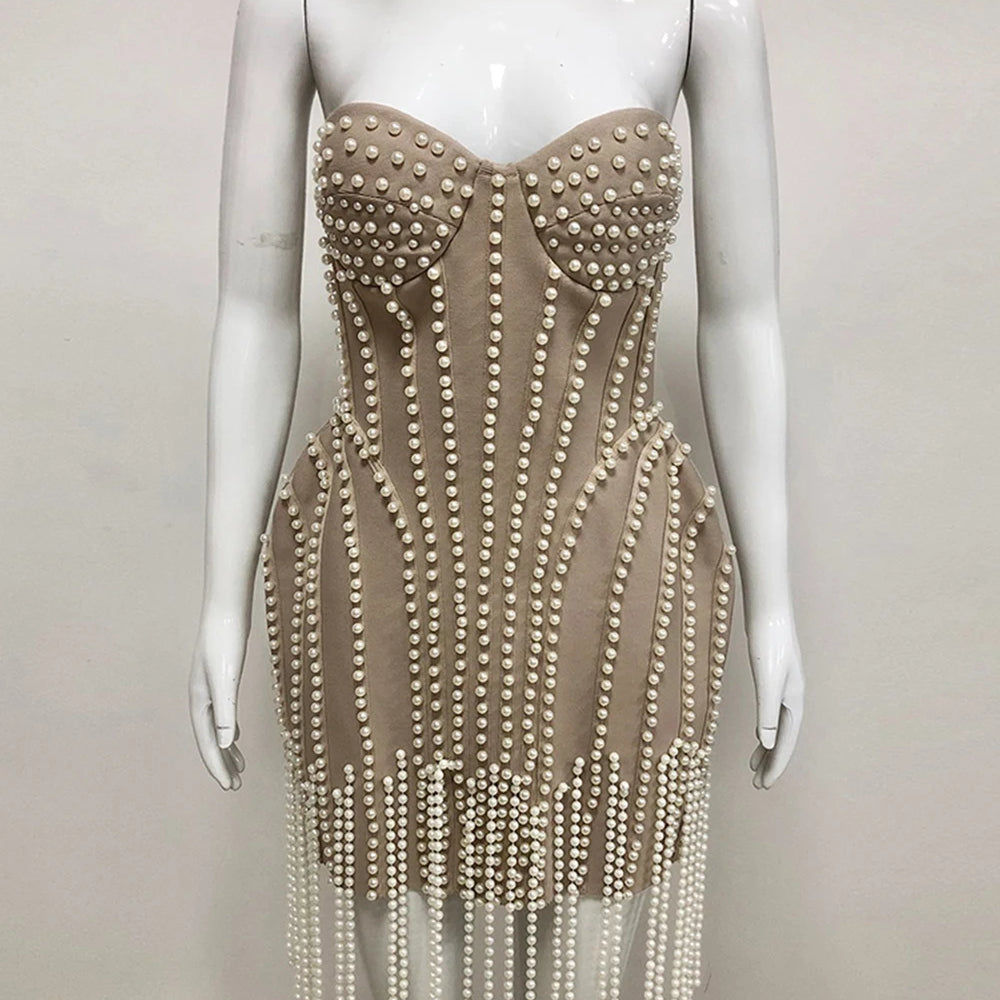 Ladies Luxury Bead Tassels Strapless Backless Design Celebrity Party Club Khaki Sleeveless Sexy Mini Bandage Dress 2025 New