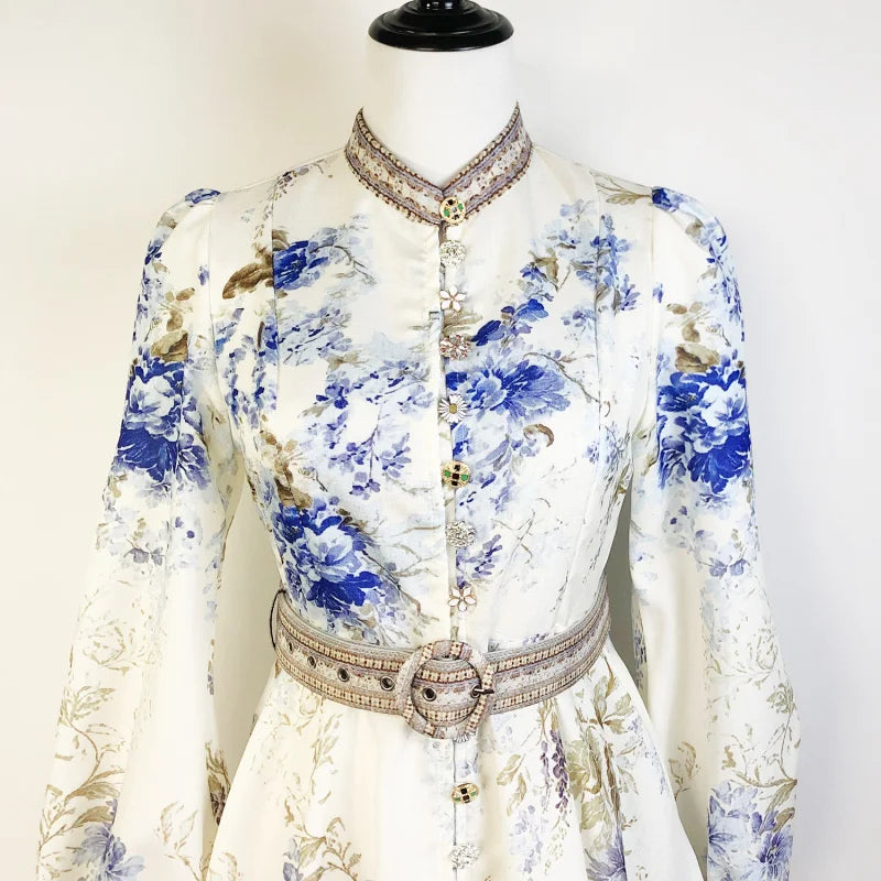 Real Shot In Stock 2025 Spring Summer New Printed Single-Breasted Exquisite Flower Button Short A-Line Dress + Belt