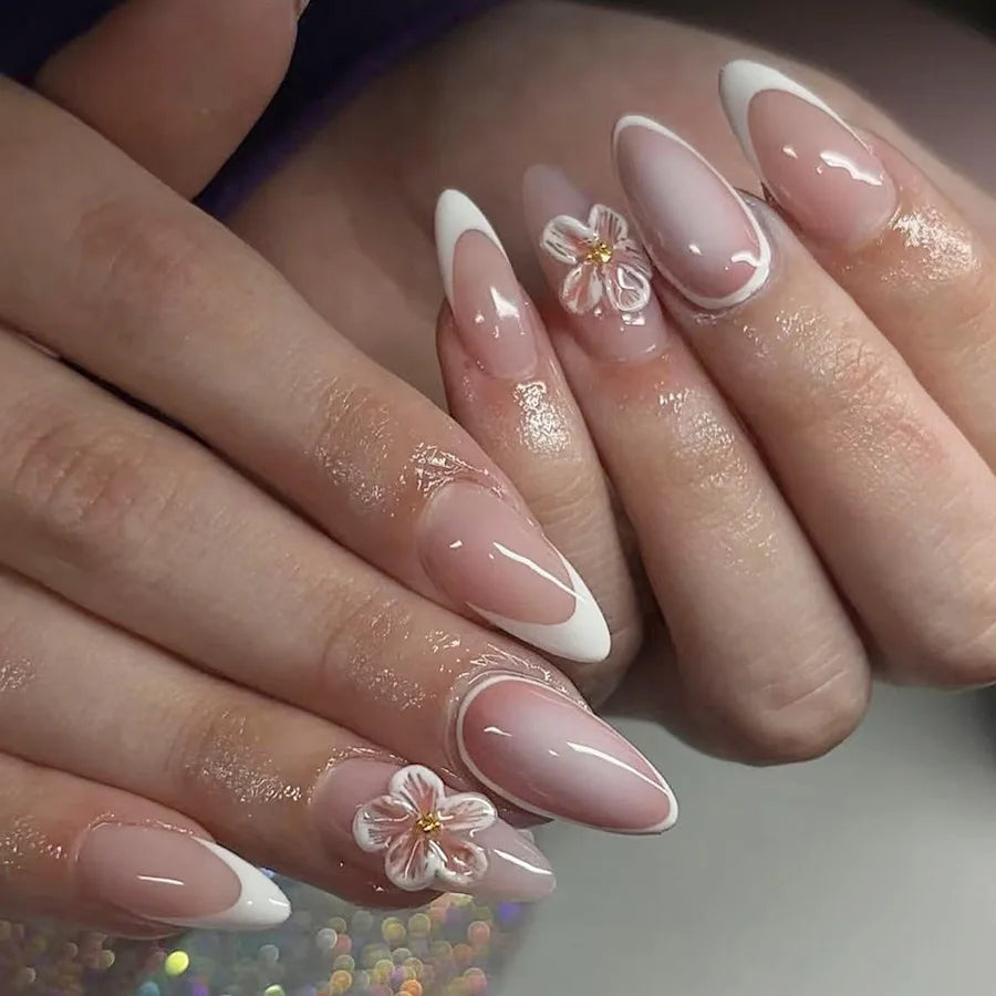 24pcs/set Short Medium fake nails for women girls 3D cute pink bow flowers leopard french square almond tips press on false nail 2558