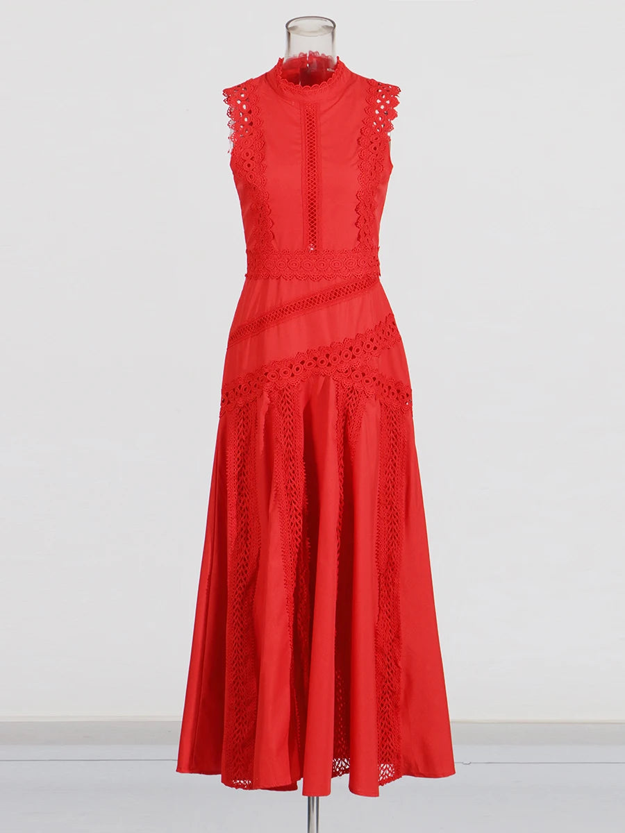 Solid Slimming Spliced Hollow Out Dresses for Women Round Neck Sleeveless Patchwork Lace Dress Female Clothing New RED