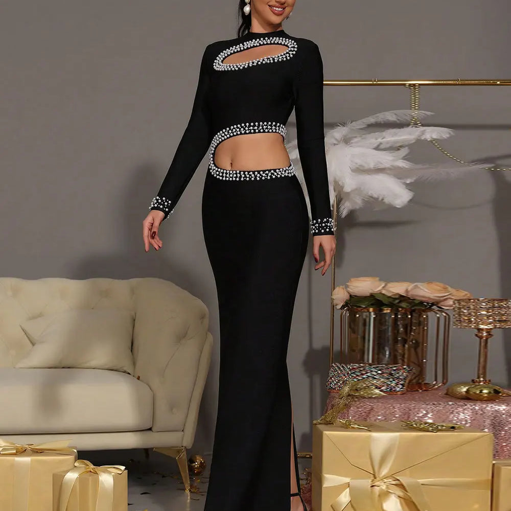 2025 Sexy Women's Pearl Nail Bead Design Bandage Long Dress Stand Collar Long Sleeve Bodycon Hollow Dress Cocktail Banquet Dress black