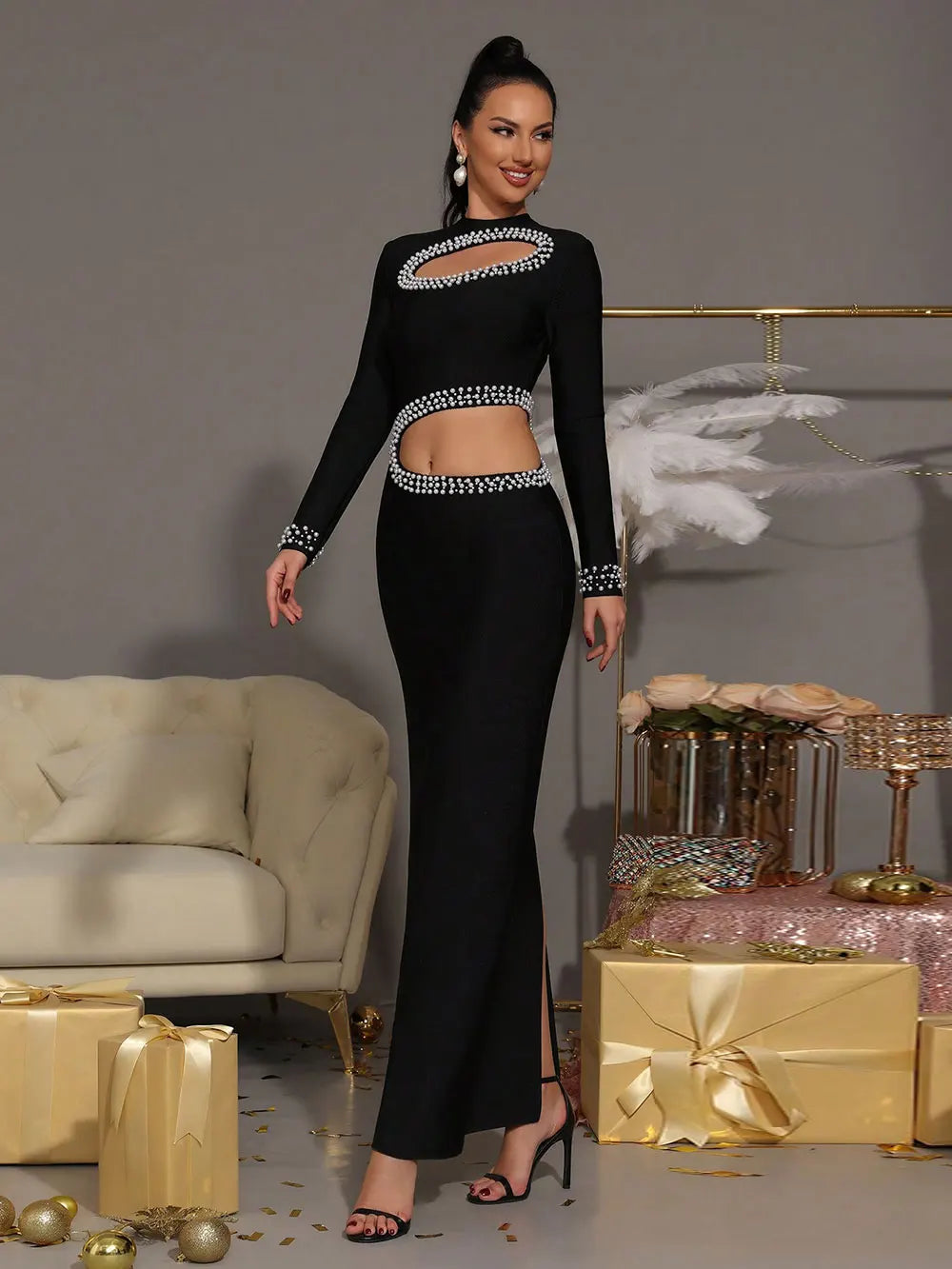 2025 Sexy Women's Pearl Nail Bead Design Bandage Long Dress Stand Collar Long Sleeve Bodycon Hollow Dress Cocktail Banquet Dress black