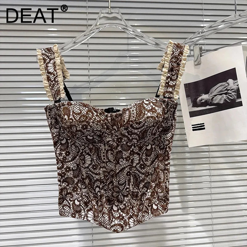 Winter New Fashion Floral Pattern Lace Shoulder Strap Fishbone Chest Pad Camisole For Women Outwear Tank Top 11A07941