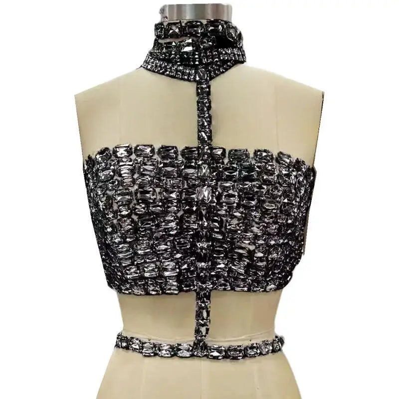 Ready To Ship Bandage Women Sexy Halter Big Crystal Bodycon Tops Celebrity Fashion Red Carpet Nightclub Party Wear Hot Sale black