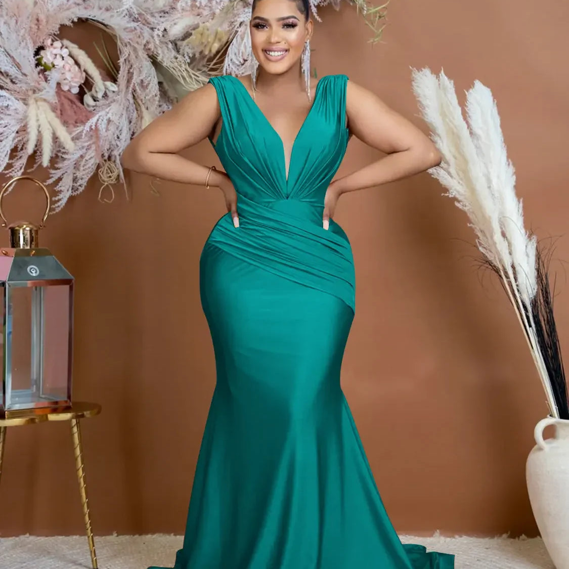 Women Draped Waist Shoulder Sleeveless Deep V-neck Maxi Long Trumpet Mermaid Dress 2023 Club Sexy Party Evening Dresses