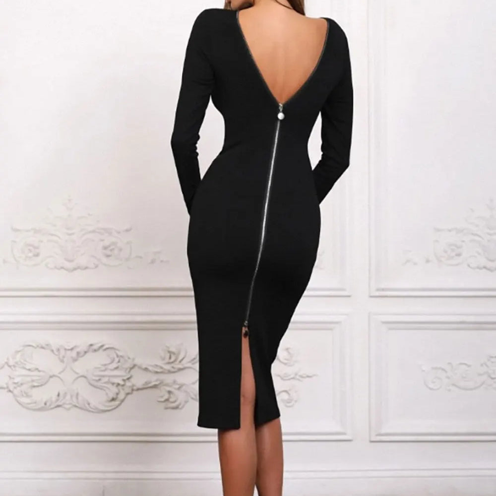2024 Sexy Women's Dress Front and Back Wearable O-neck Long sleeved Bodycon Zipper Design Midi Dresses Evening Party Vestidos