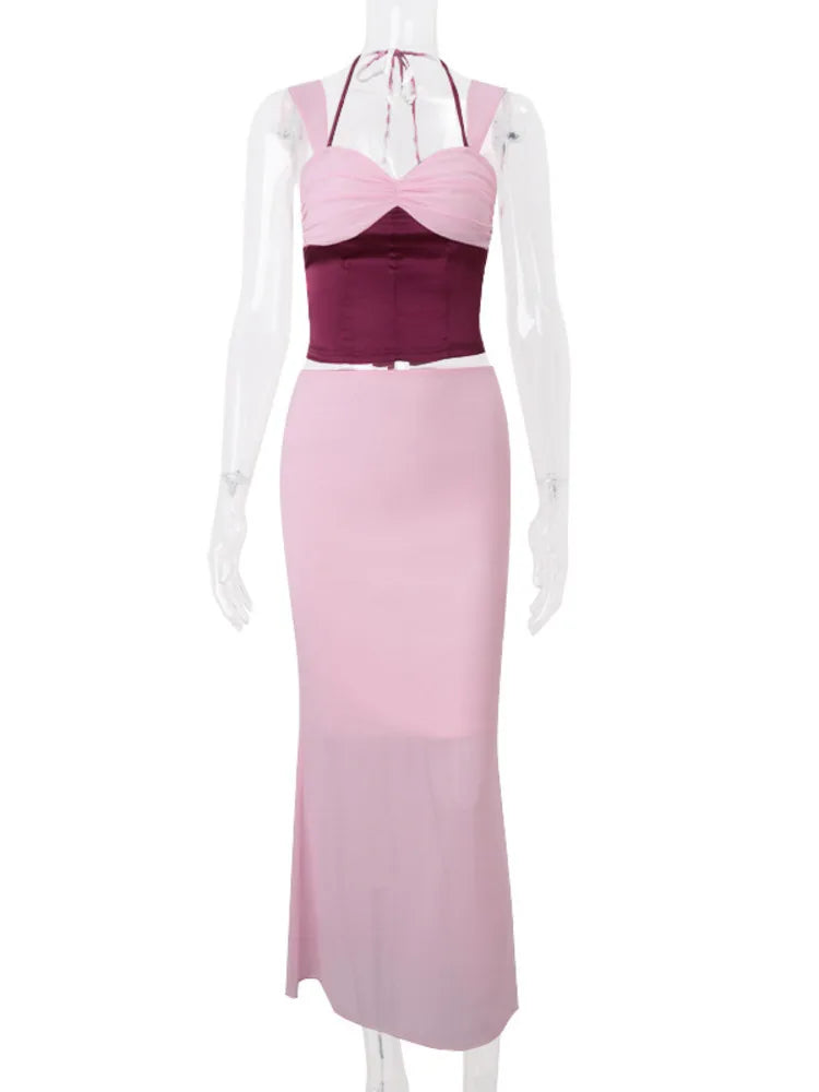 Mozision Sexy Skirt Two Piece Sets Women Halter Lace-up Cropped Tops And Maxi Skirt Ladies Fashion Sleeveless 2 Piece Sets