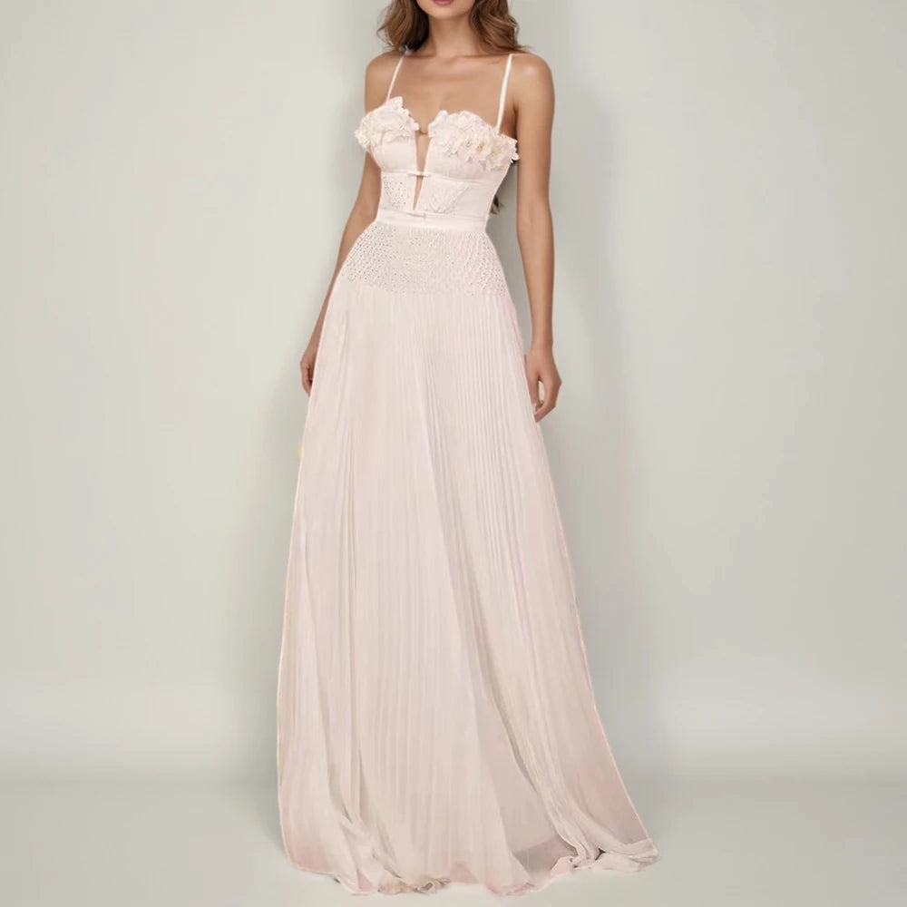 Solid Spliced Appliques Elegant Dresses for Women Deep V Neck Sleeveless Patchwork Folds Dress Female Fashion New PURPLE