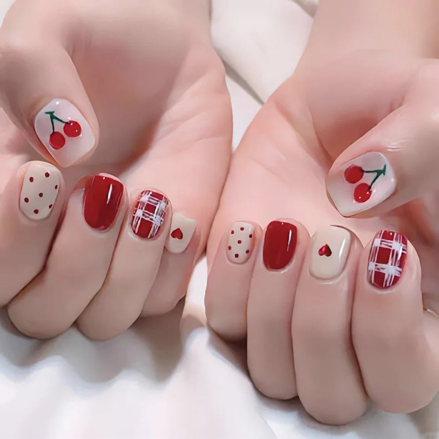 24pcs/set medium long fake nails for women cute gradient pink red heart rose flowers for Valentine's Day press on acrylic nails 1788