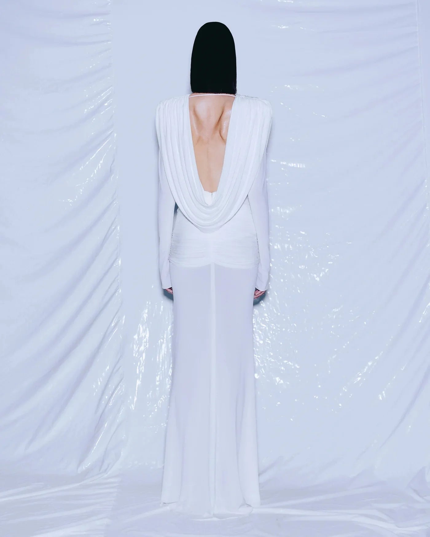 Women Celebrity Sexy Long Sleeve Deep V Neck Ruched White Maxi Long Gowns Dress 2025 Elegant Evening Party Club Vestido