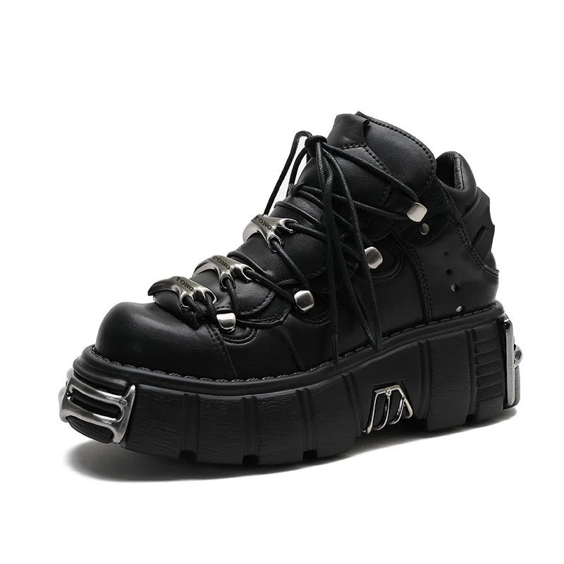 Punk Style Women Black Platform Shoes Metal Decor Lace-up Woman New Rock Boots Gothic Black Leather Women Sneakers Botas 2025 Black