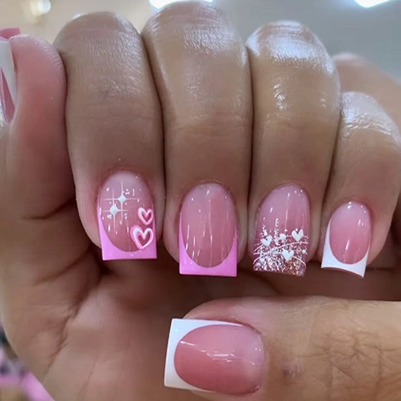 24Pcs Nude Pink French False Nails Press on Short Square Head Stick on Nails with Flower Pattern Design Wearable Fake Nail Tips 3750