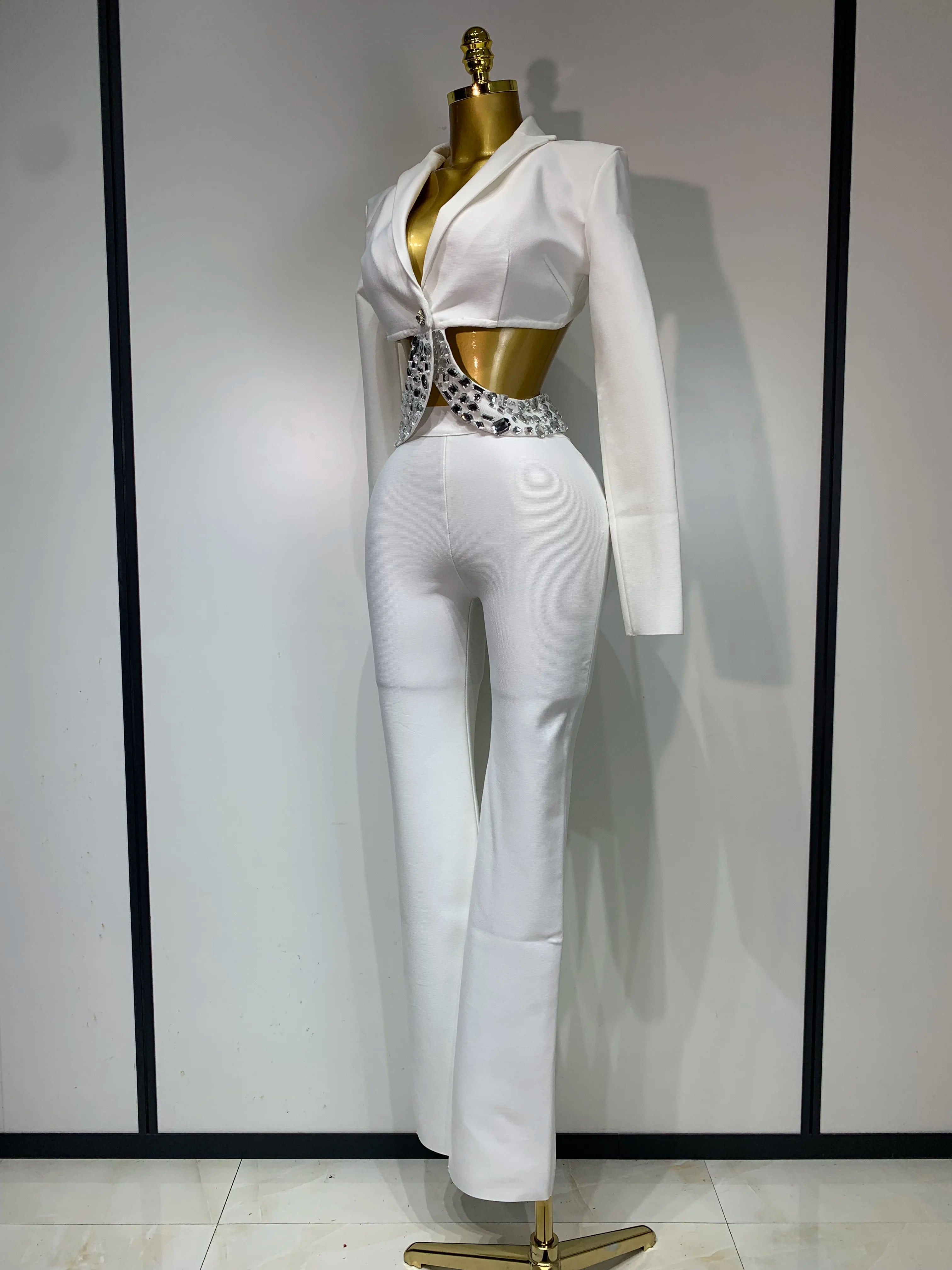 Women Sexy Long Sleeve Beading Bodycon Two Pieces Pants Bandage Set 2025 Celebrity Designer Fashion Women's Luxury Birthday Set