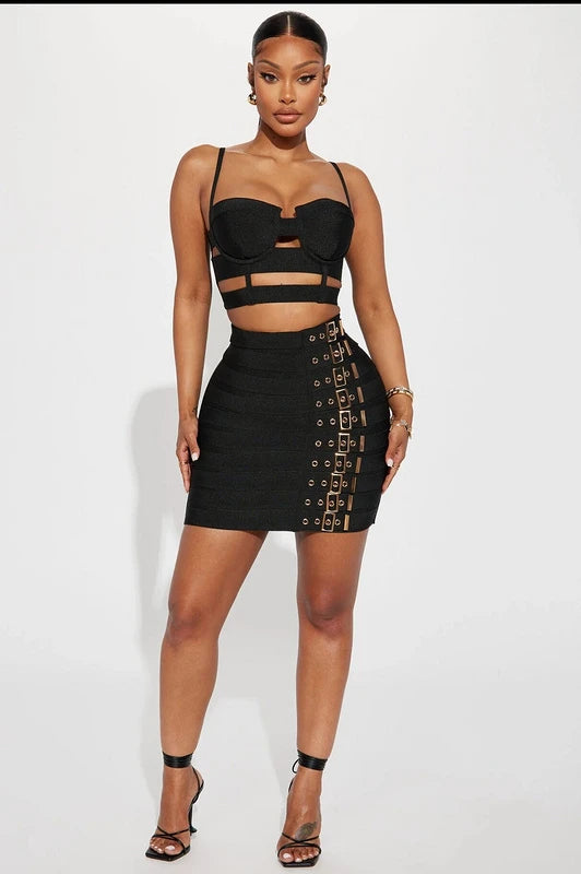 STOCK Fashion's Sexy Expose WaistWoman Set Hollow Out Short Spaghetti Strap Top And Blets Mini Skirt 2 Pieces High Street Wear black
