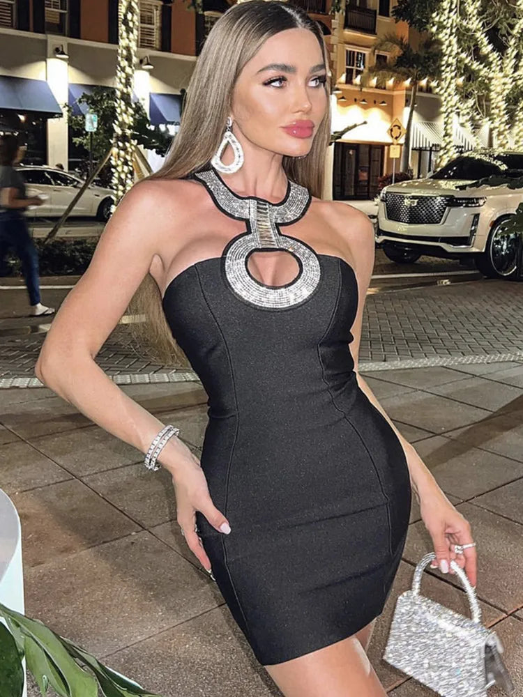 Women Summer Sexy Backless Halter Sequined Diamonds Sparkly Black Bodycon Bandage Dress 2023 Elegant Evening Club Party Dress