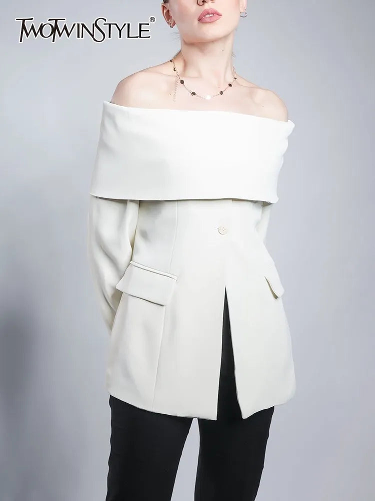 Solid Temperament Blazers For Women Slash Neck Long Sleeve Patchwork Pocket Minimalist Slim Blazer Female Fashion