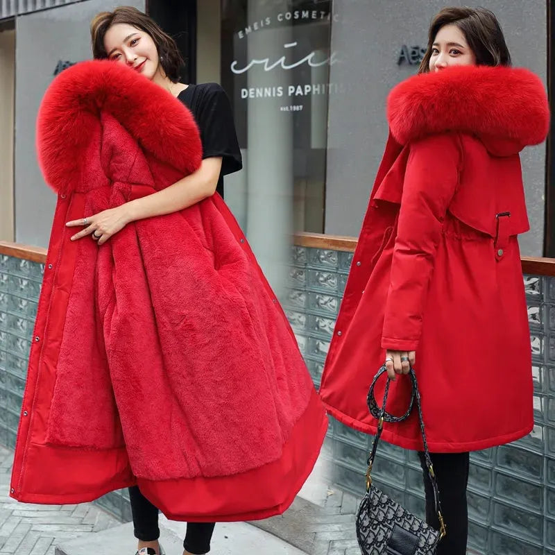 Winter Jacket Women Parka Clothes Long Coat Wool Liner Hooded Jacket Fur Collar Thick Warm Snow Wear Padded Parka Red